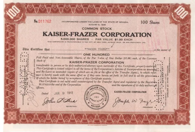 Kaiser-Frazer Corporation - Original Stock Certificate -1948 - D11762