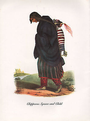 VINTAGE PRINT of 1830's NATIVE AMERICAN INDIAN ~ CHIPPEWA SQUAW & CHILD chippewa