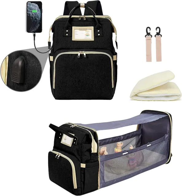 Diaper Bag Backpack 3 in 1 Foldable Changing Station Travel Baby Bag Black
