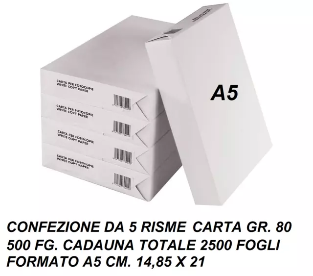 5 RISME DA 500 Fg. Cadauna F.to A5 15X21 Cm 80Gr Per Stampa