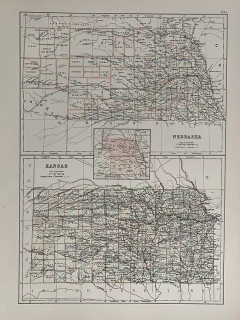 1897 Nebraska & Kansas Original Antique Map A & C Black 123 Years Old