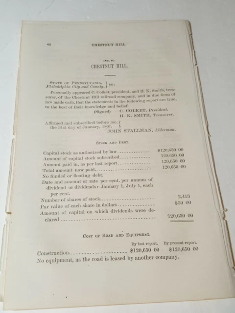 1866 train document CHESTNUT HILL RAILROAD Germantown Philadelphia Pennsylvania
