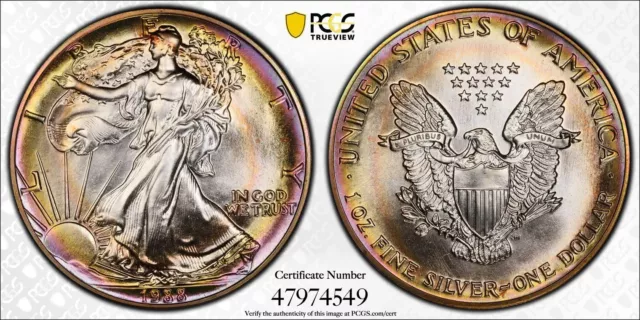 1988 MS69 American Silver Eagle PCI Rainbow Toned PCGS +Video
