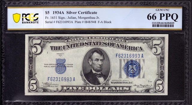 1934 A $5 Silver Certificate Note Currency Fr.1651 Ja Block Pcgs B Gem 66 Ppq