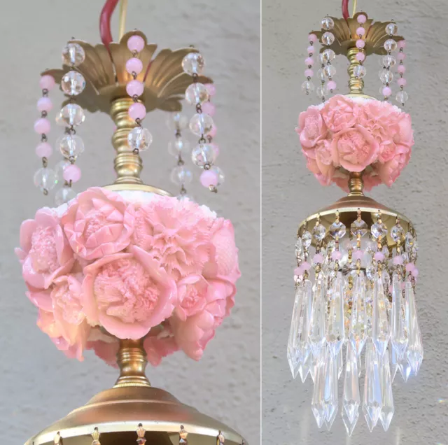 Lamp Porcelain Pink Rose Flower Brass tole chandelier Swag vintage crystal prism