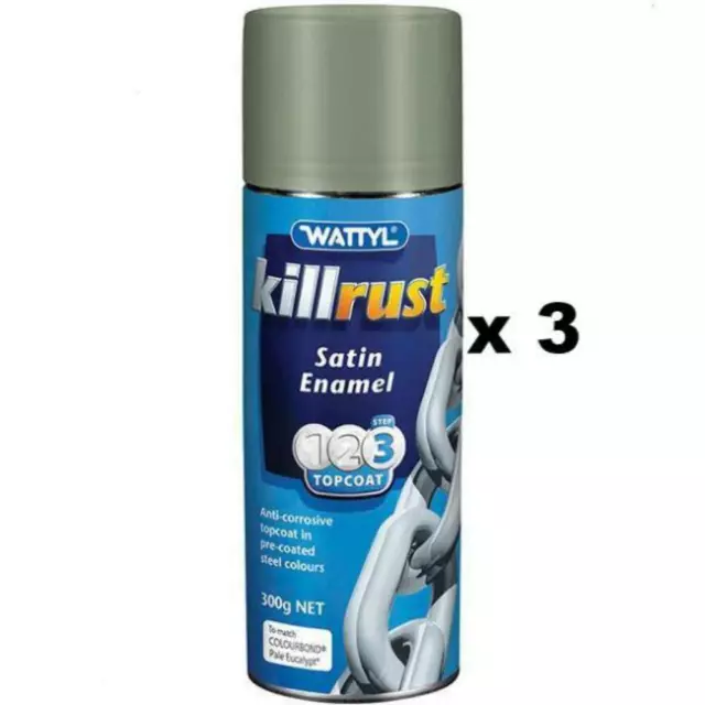 Killrust Satin Enamel Aerosol Match Colorbond Steel 300g Pale Eucalypt x 3