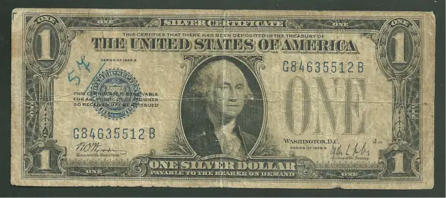 United States 1 Dollar 1928B FR 1602 Silver Certificate Funnyback US Paper Money