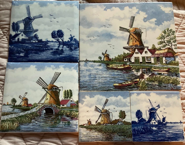 Vintage Set Of 5 West Germany Delft Mid Century Ceramic Windmill Tiles EUC