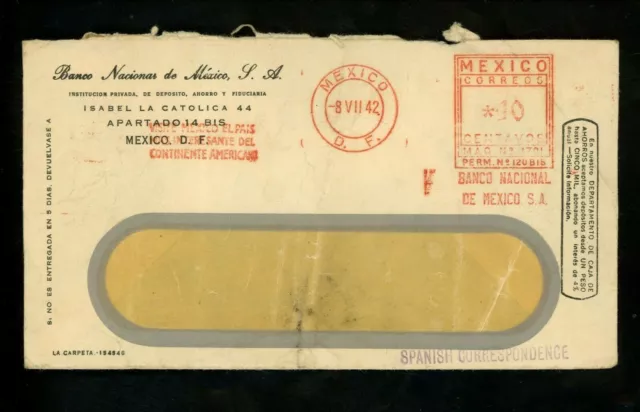 Postal History Mexico Meter Use WWII Censored 1942 Mexico City to Unknown