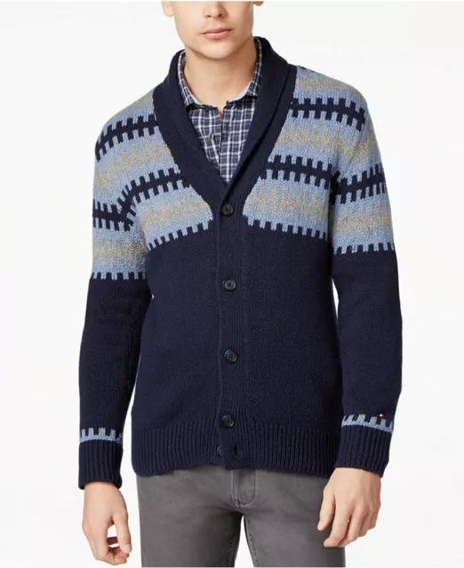 NWOT TOMMY HILFIGER Blue Shawl Collar Fair Isle Cardigan Sweater Men's S $169