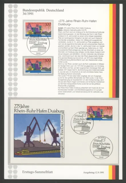 Brd Etsb 1991/36 Ersttags-Sammelblatt Rhein-Ruhr Hafen Duisburg Schiffe Kran