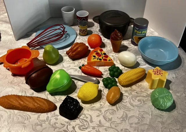 Play Food Lot Pretend cooking pots  Fruit Veggies Canned Toys Cut In Half