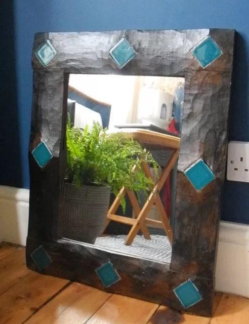 Handmade Wood Framed Wall Accent Mirror Carved Rustic  Blue Tile