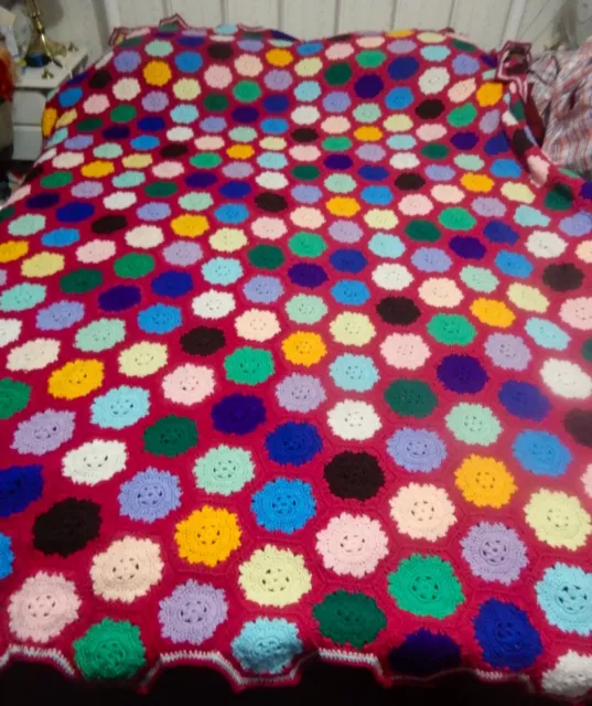 Vintage Handmade Crochet Wool Blanket Snowflake Hexagon Square Pattern 250X185cm