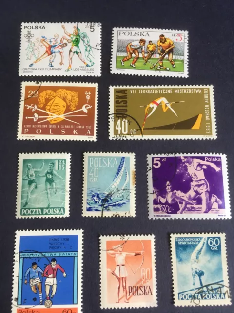 Polen 10 Briefmarken gestempelt „Sport verschiedene“