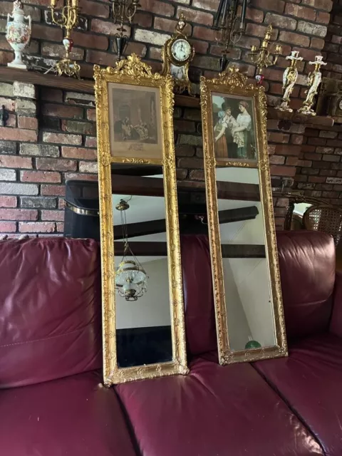 Pair of Tall Narrow Louis XVI Style Trumeau Wall Mirror Gold Gilt Wood Antique