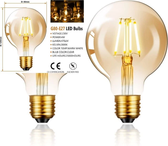 Vintage Edison LED Light Bulb, E27 Screw Bulb 4W (Equivalent to 40W) G80...