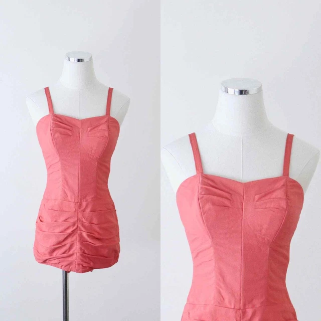 Vintage 1950s Size XS Sweetheart Draped Sheath One Piece Bathing Suit Coral Pink