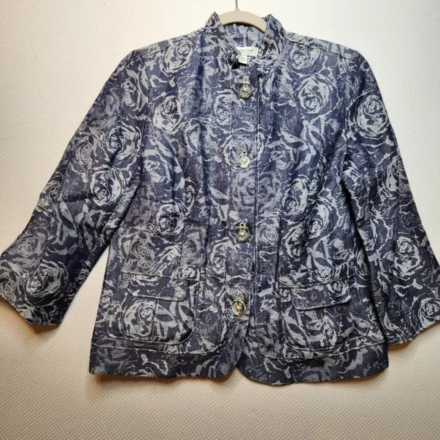 Coldwater Creek Womens Jacket Blazer Size 10 Blue Brocade Floral Button Linen