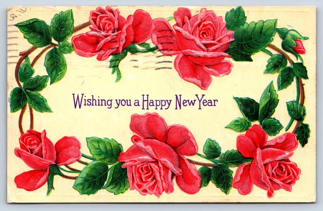 Happy New Year Sincere Wishes Red Roses Motif Vignette Embossed Gel Postcard H4