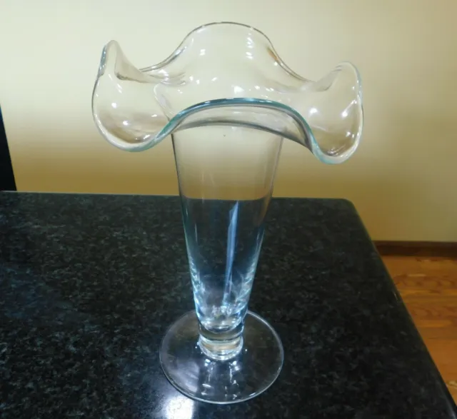 TALL 13.5 " Vintage Hand Blown Clear Art Glass Trumpet vase with Ruffled Opening