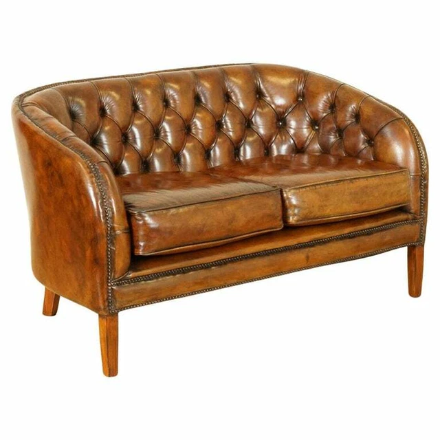 Stunning Fully Restored Hand Dyed Whiskey Brown Leather Two Seater Sofa (1/2)