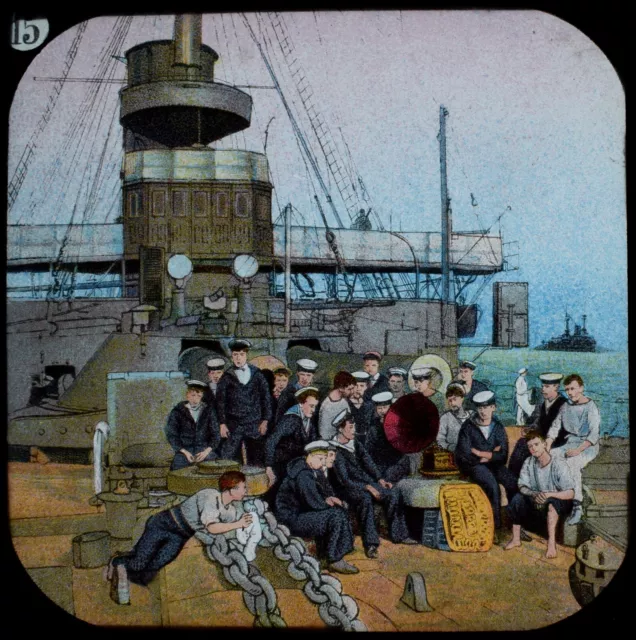 MUSIC ON THE FORECASTLE - ROYAL NAVY CRUSIER 1909 Magic Lantern Slide SAILORS