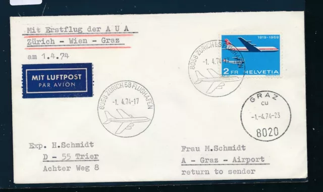 0967) Schweiz, AUA FF Zürich - Graz 1.4.74, Brief EF 2Fr.Flp.