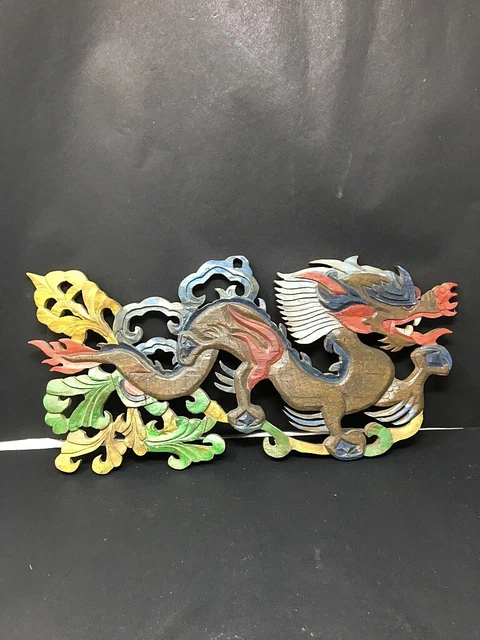 Ancient Old Wooden Hand Carved Painted wall Decor Dragon Figurine Plaque