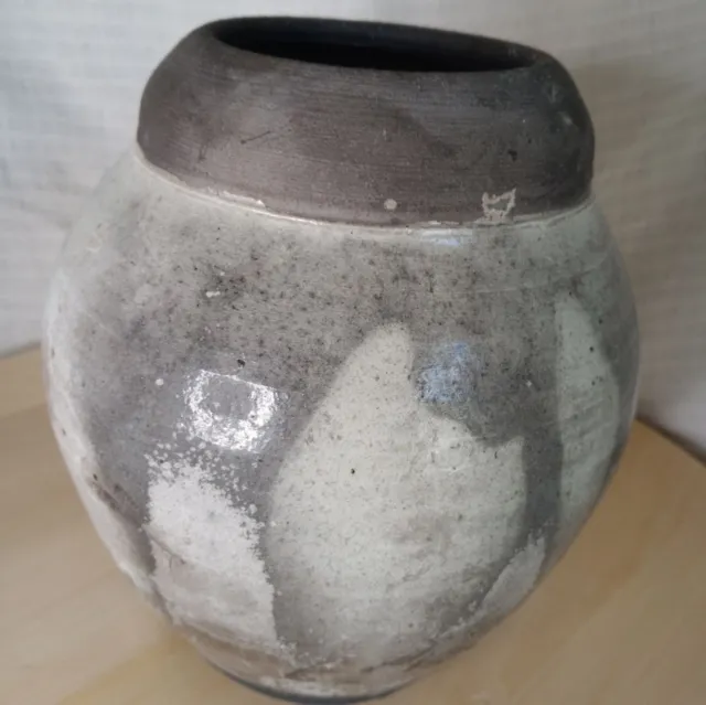Vintage  Raku Artist Signed Rustic Brutalist Ceramic Pottery Moon Jar Vase 7"