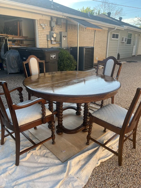 antique oak dining room set, vintage dining, solid oak dining set, barley legs
