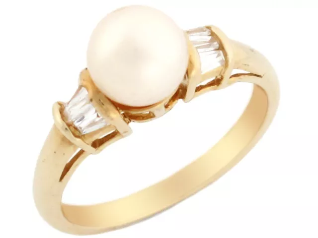 10k or 14k Solid Yellow Gold Freshwater Cultured Pearl Baguette CZ Ladies Ring