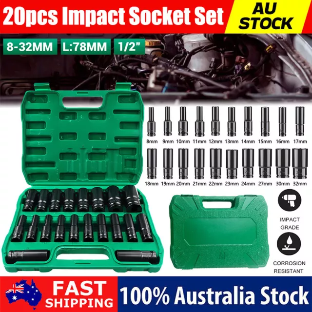 1/2" Drive Deep Impact Socket Set CR-V Steel Metric Sockets Long 20PCS 8-32MM AU