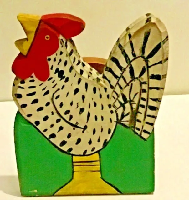 Folk Art Hand Painted & Carved Wooden Chicken Rooster Napkin or Letter Holder