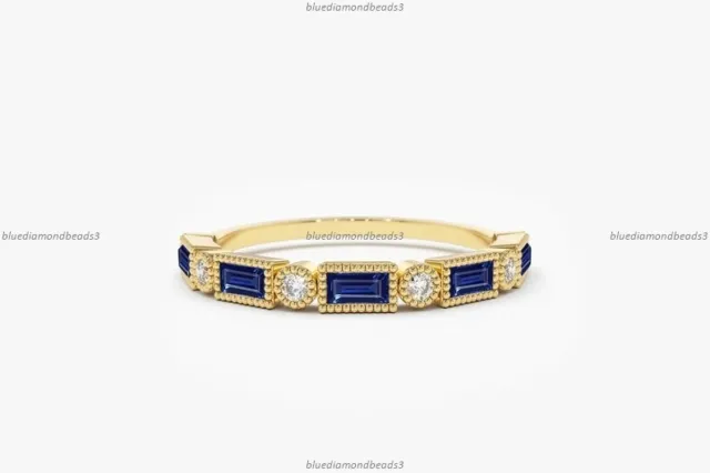 14k Gold Sapphire Diamond Milgrain Band Engagement Engagement Ring For Women