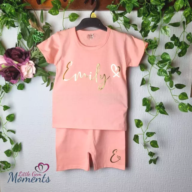 Personalised Coral Girls Shorts & Tshirt Set with Gold Name. Girls Summer Outfit