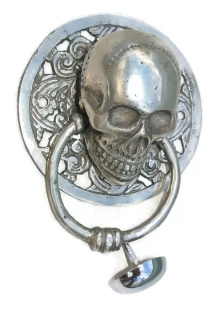 round SKULL head ring pull Handle sILVER BRASS 4" day of the dead door KNOCKER B 3