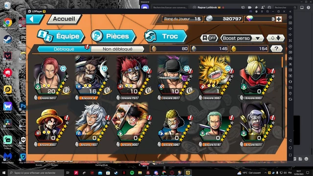 COMPTE ONE PIECE Bounty rush OPBR 3Ex(ZORO+Shanks+Kaido) and 160 gold