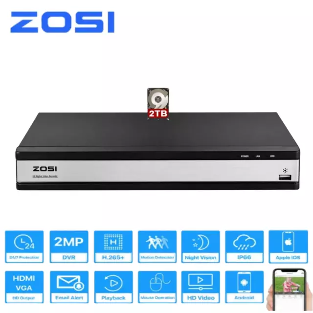 ZOSI H.265+ 16 Channel 1080P Home DVR with Hard Drive 2TB for Security System