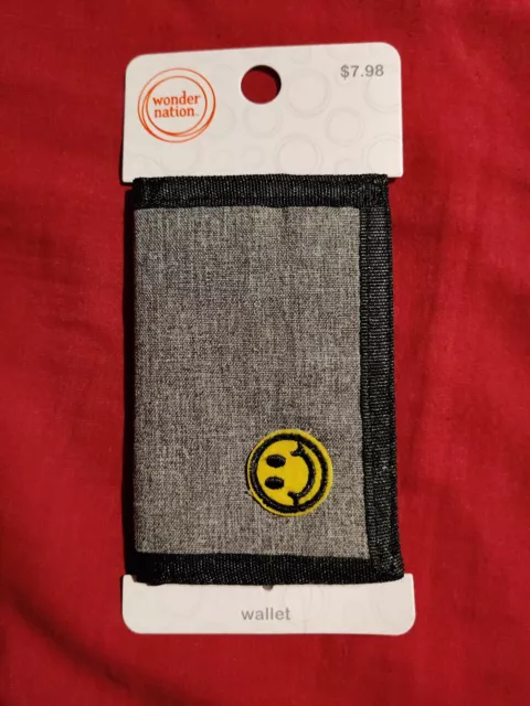 Wonder Nation Smiley Face Grey Black Tri-fold Wallet NEW
