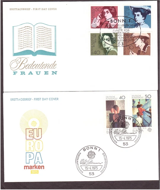 2 FDC BRD 826-829 Bedeutende Frauen 15.1.75, 840/841 Europamarken, EST