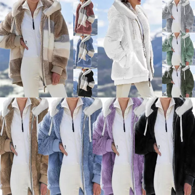 Women's Fur Fluffy Hooded Jacket Coat Fleece Winter Warm Overcoat Zipper Outwear