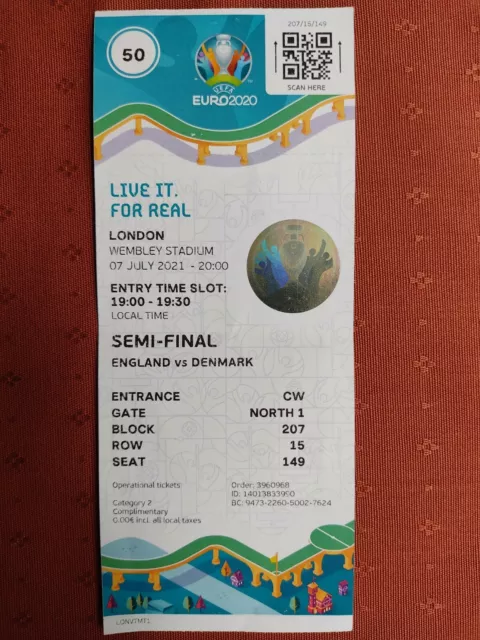 Used Uefa Ticket EM EURO 2020/21 #50 England v Denmark #wembley