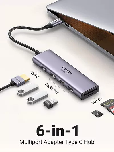 6 in 1 USB Type C Hub Adapter 4K HDMI SD TF Card Reader Laptop Samsung Mac iPad