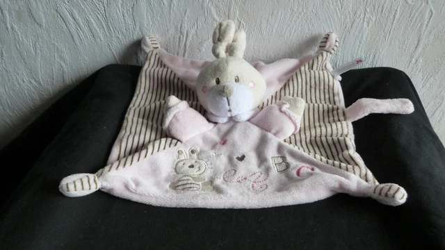 doudou nicotoy plat lapin  ecru  rose ,rayé marron  brode Abc  oreilles  nouees