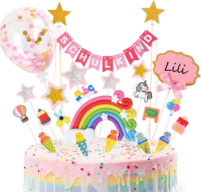 Einschulungs-Deko Für Mädchen – Glitzernder Cake Topper (16x18 Cm) + 4 Aufkleber, Rosa, Für Kuchen & Schulanfangs-Party
