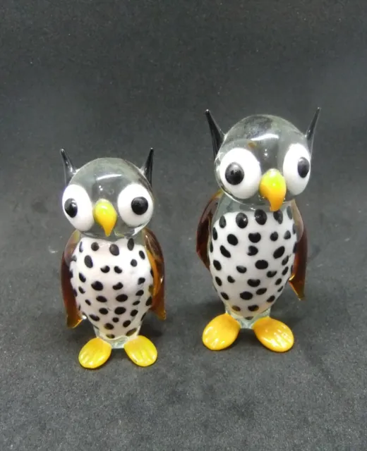 Pair Of Vintage Murano Style Hand Blown Art Glass Owl Figures