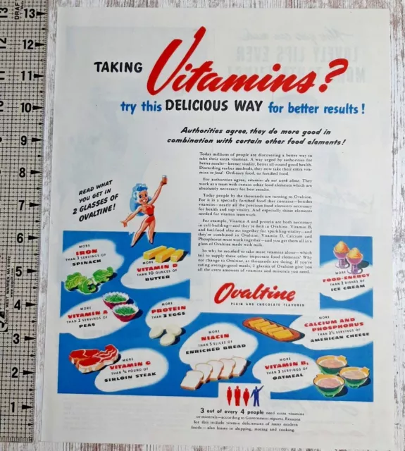 1945 Ovaltine Vintage Print Ad Drink Chocolate Vitamins Health Beverage Shake