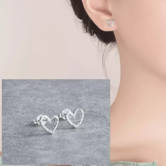 925 Sterling Silver Plated Hollow CutOut LOVE HEART Stud Earrings Girl Gift UK