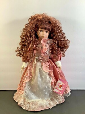 Collectible Porcelain Doll Pink White Satin Lace Dress Brunette w/Doll Stand 17"